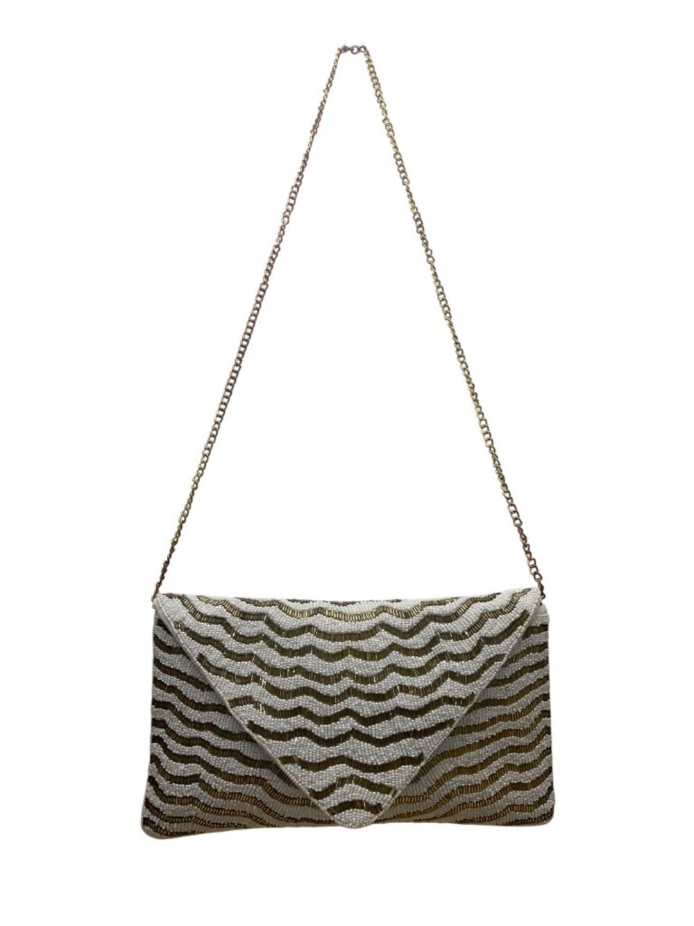 White & Gold Zigzag Pattern  Beaded Envelope Clutch with Chain Strap